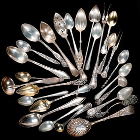 Collection of Silver Teaspoons and Servers