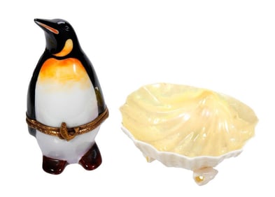Limoges Penguin Box, with Belleek Dish
