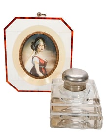 Vintage Glass Inkwell, with Portrait Miniature