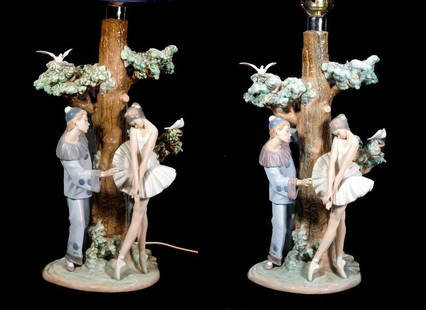 Pair of Lladro Pierrot and Columbine Lamps: A pair of Lladro porcelain figural lamps with Pierrot and a ballerina Columbine at a tree. Lamps approx. 22" high x 12" x 10".