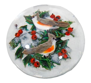 Rick Ayotte Birds/Snowy Holly Paperweight, 1987