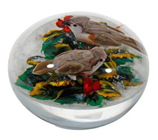 Rick Ayotte Birds/Snowy Holly Paperweight, 1990