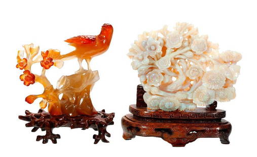 Chinese Carved Agate Bird Figurine, with another: The carving depicting a bird on a flowering tree stump (good condition), 3 5/8" x 3 3/4," with fitted wood stand. Together with a carved jade flowering tree, 3 1/2" x 4 1/2" (scattered old surface rep