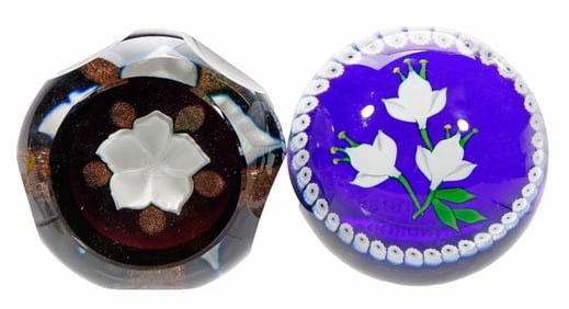 Two Caithness White Flower Paperweights