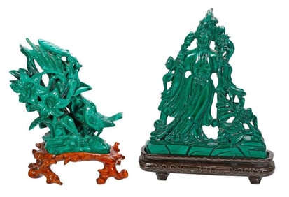 Two Chinese Malachite Carvings, Bird and Guaynin