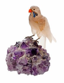 Chinese Rock Crystal Bird and Amethyst Sculpture