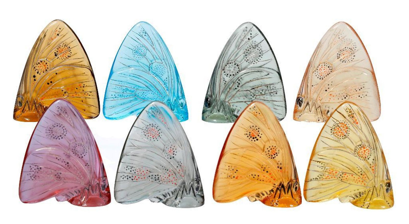 Collection of Lalique Glass Butterflies (8): Eight Lalique, France marked butterfly figurines in varying colors, with painted embellishments. Each approx. 1 1/4" x 1 3/4". Condition of collection is good overall, but three have tiny edge chips/d
