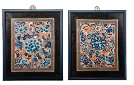 Pair of Chinese Embroidered Silk Floral Panels