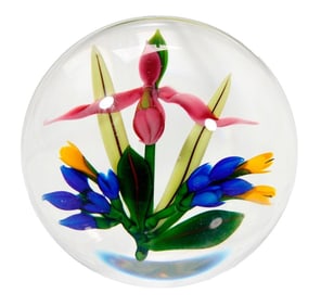 Chris Buzzini Lady Slipper Pink Orchid Paperweight, 1986