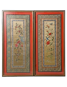 Pair of Chinese Embroidered Silk Floral/Bird Panels