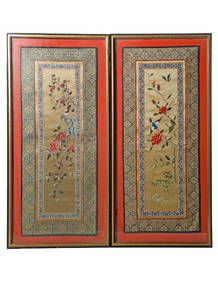 Pair of Chinese Embroidered Silk Floral/Bird Panels (1 of 2)