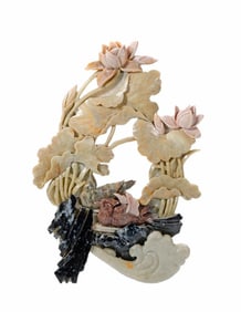 Chinese Stone Carving of Water Lilies and Birds