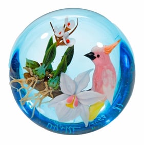 Rick Ayotte Cockatoo and Orchid Paperweight, 1987