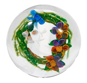 Debbie Tarsitano and Max Erlacher Floral/Bird Paperweight, 1986
