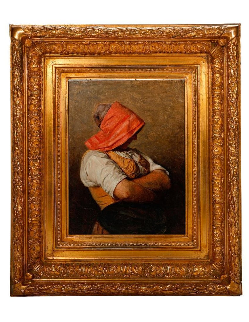 Eugene Feyen (1815-1908). Property of Alton F. Irby III: Artist: Eugene Feyen (1815-1908). Title/Description: "Femme d'Asnieres." Signature: Signed lower left. Medium: Oil on masonite. Size: 12" x 9 1/2" (frame 20" x 17 1/2"). Condition good. Provenance: Pr