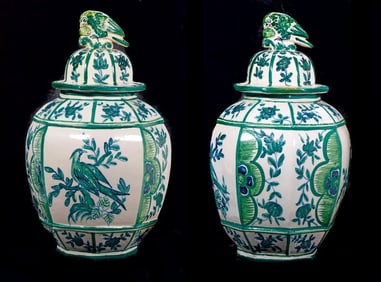 Pair of Green Faience Bird Motif Large Jars. Property of Alton F. Irby III