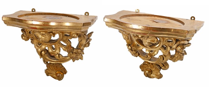 Pair of Continental Giltwood Wall Bracket Shelves. Property of Alton F. Irby III