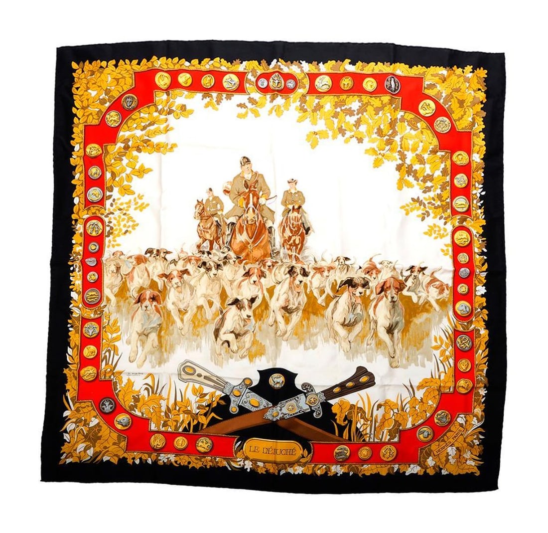 Hermes Silk Scarf, Le Debuche: Hermes Paris silk scarf, "Le Debuche," by Charles J. Hallo. Red and gold on white ground, black border. Edges hand-rolled to front. Approx. 35" square. Excellent vintage condition.