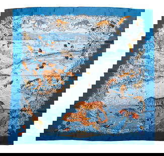 Hermes Silk Scarf, La Treve De L'Eau: Hermes Paris silk scarf, "La Treve De L'Eau," by Robert Dallet. Browns/gold on blue ground/borders. Edges hand-rolled to front. Approx. 35" square. Excellent vintage condition.