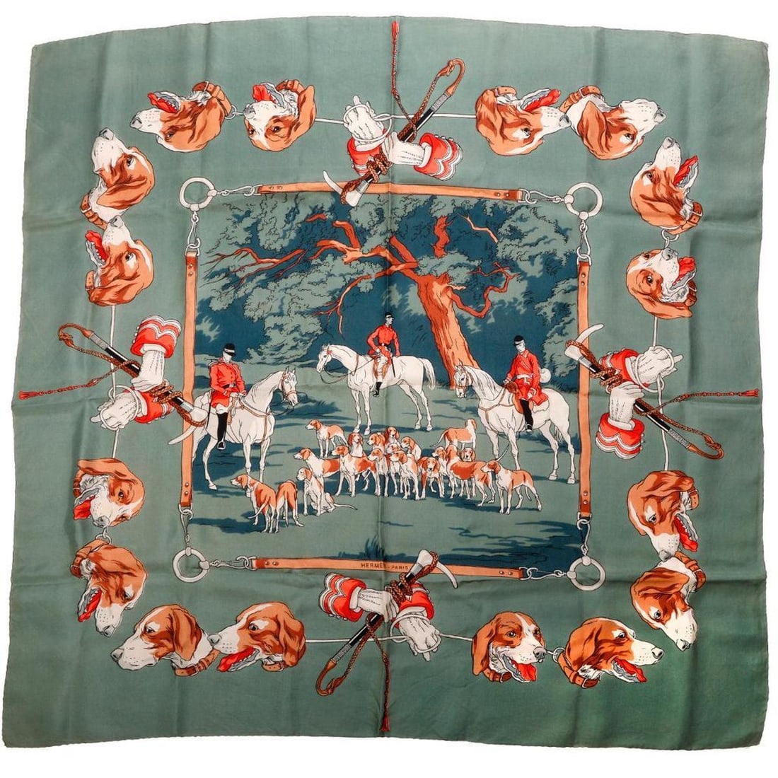 Hermes Silk Medium Scarf, Chasse A Courre: Hermes Paris silk medium-size scarf, "Chasse a Courre," by Hugo Grygkar. Edges hand-rolled to front. Brown, red, white on pale green ground. Approx. 32" square. Overall good vintage condition; several