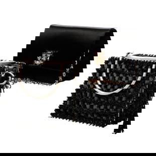 Two Small Salvatore Ferragamo Purses: Two Salvatore Ferragamo purses: a black satin gold-toned chain strap/clutch with rhinestone clasp, approx. 5" x 7 1/2" x 3 1/4"; and a cloth and woven leather metal handle handbag with chain strap, 5