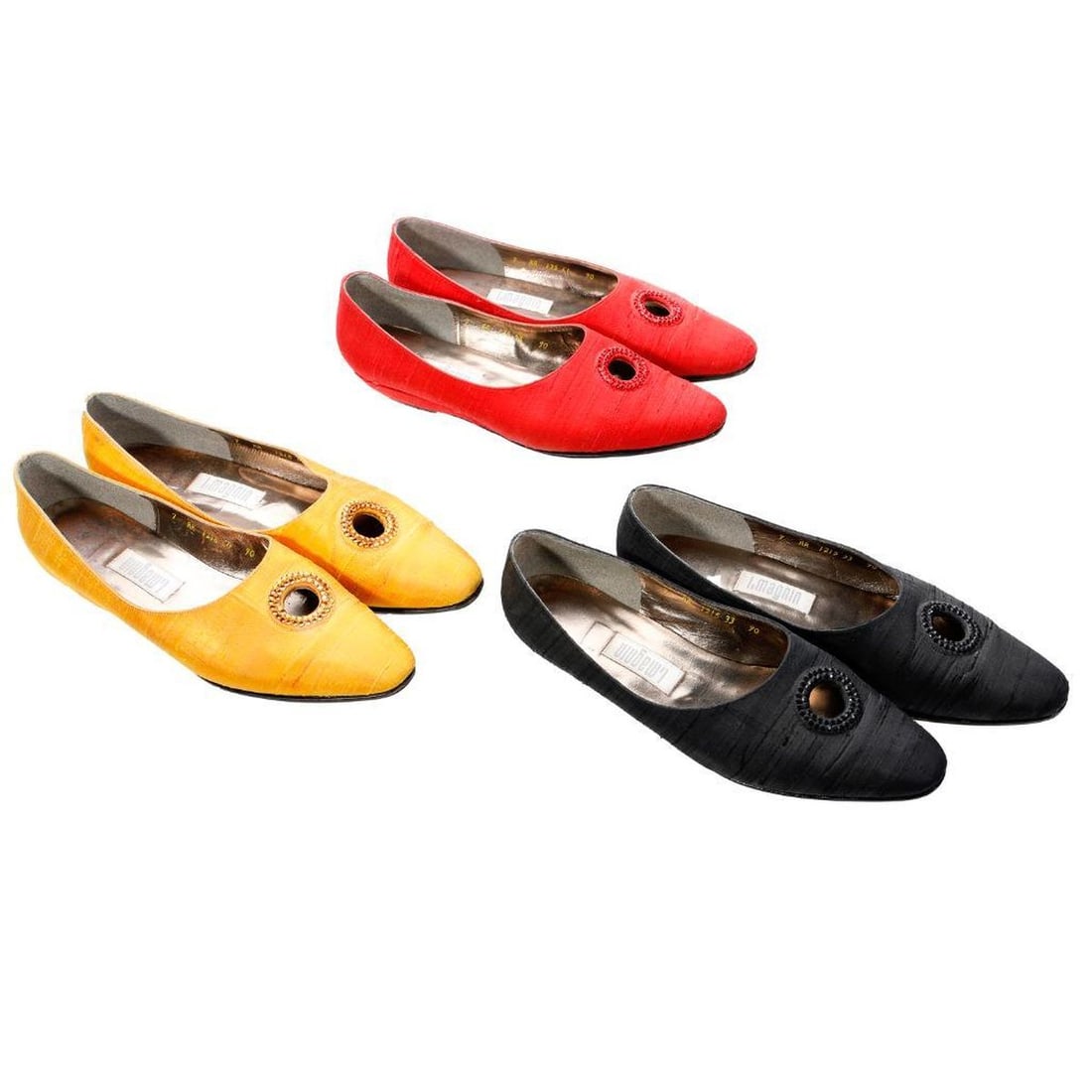 Three Pairs of I. Magnin Bejeweled Flats (Sz 7): Three matching pairs of vintage I. Magnin silk-covered flats with bejeweled circle cut-outs, size 7, in black, red, and yellow. All in well-worn but overall clean condition, re-soled/heeled; the black