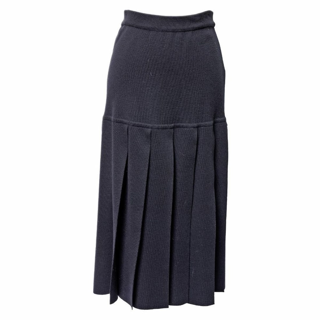 Escada by Margaretha Ley Black Knit Open Pleat Skirt (Sz 10): An Escada by Margaretha Ley labeled black knit midi skirt, with open panels of "pleats" falling below the hips. Labeled Size 38(?); approx. US Size 10; elastic band waist (flat measurement approx. 15"