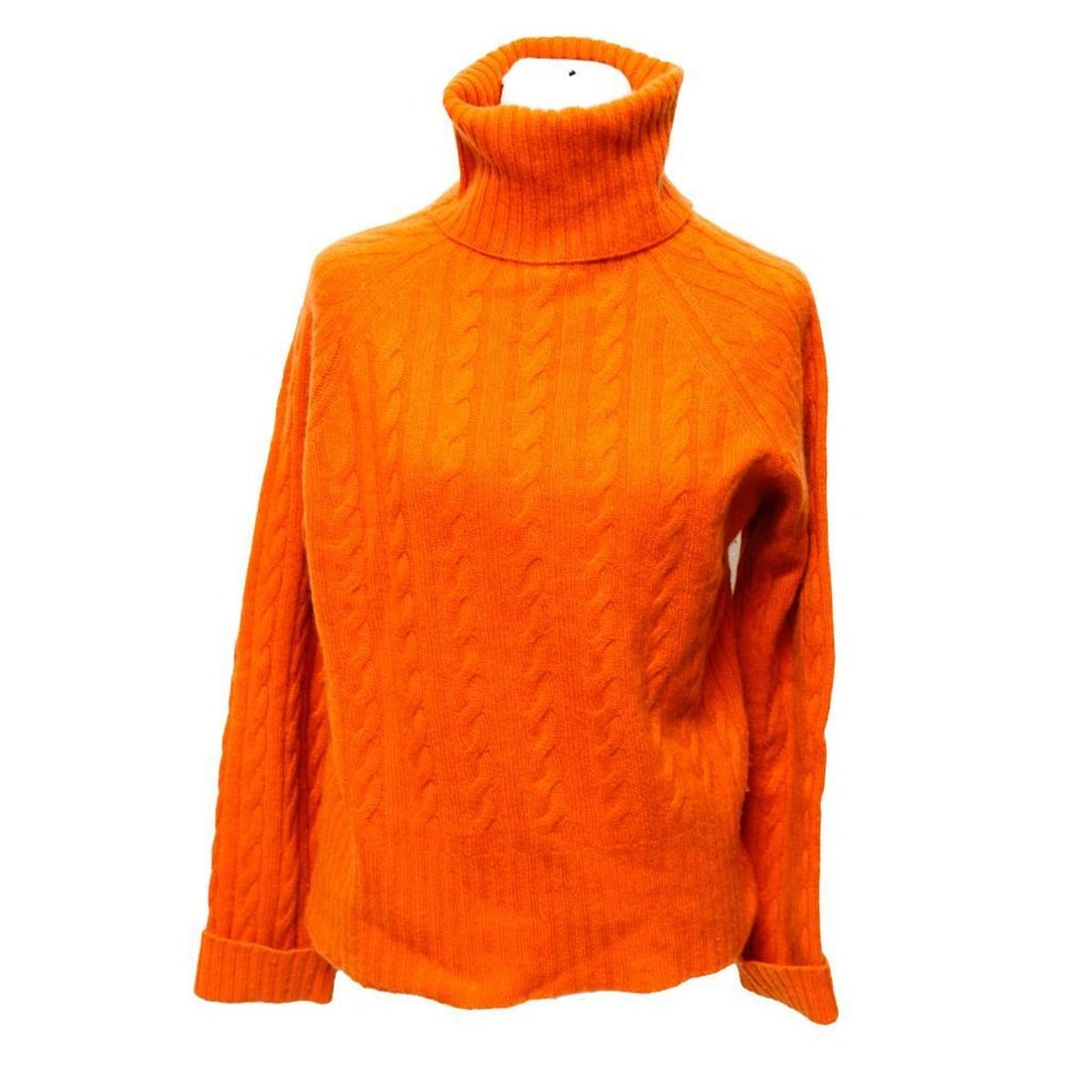 Max Mara Orange Cashmere Turtleneck, with another (Sz M/L): A Max Mara labeled 100% cashmere orange cable knit turtleneck; together with a Jack Mulqueen 100% cashmere floral print short-sleeved top. Both are labeled US Size Large, but appear to be more in the