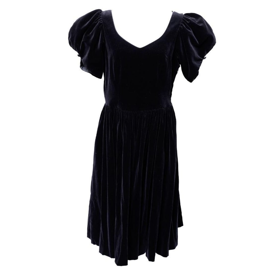 Laura Ashley Black Velvet Puffed Sleeve Dress (Sz 10): Circa 1980s. A Laura Ashley Made in Great Britain labeled black cotton velvet midi dress, the lined bodice buttons up the back (and side zipper), with wide V-neck and puff sleeves, unlined gathered sk