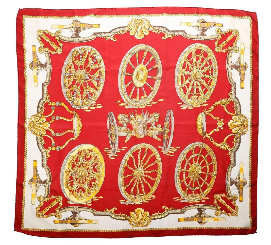 Hermes Silk Scarf, Roues de Canon: Hermes Paris silk scarf, "Roues de Canon" on red ground, by Caty Latham. Edges hand-rolled to front. Approx. 35" square. Excellent vintage condition.