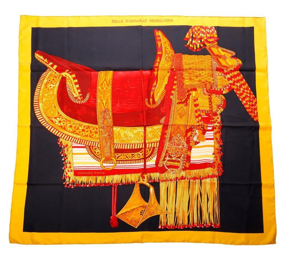 Hermes Silk Scarf, Selle d'Apparat Marocaine: Hermes Paris silk scarf, "Selle d'Apparat Marocaine" on black ground, yellow borders, by Wlodek Kominski. Edges hand-rolled to front. Approx. 35" square. Excellent vintage condition.