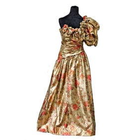 Rose Taft Gold and Floral One Shoulder Gown (Sz 12)