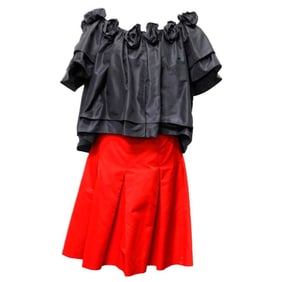 Marc Bouwer Black Silk Rosette Top, with Red Akris Skirt (Sz 10)