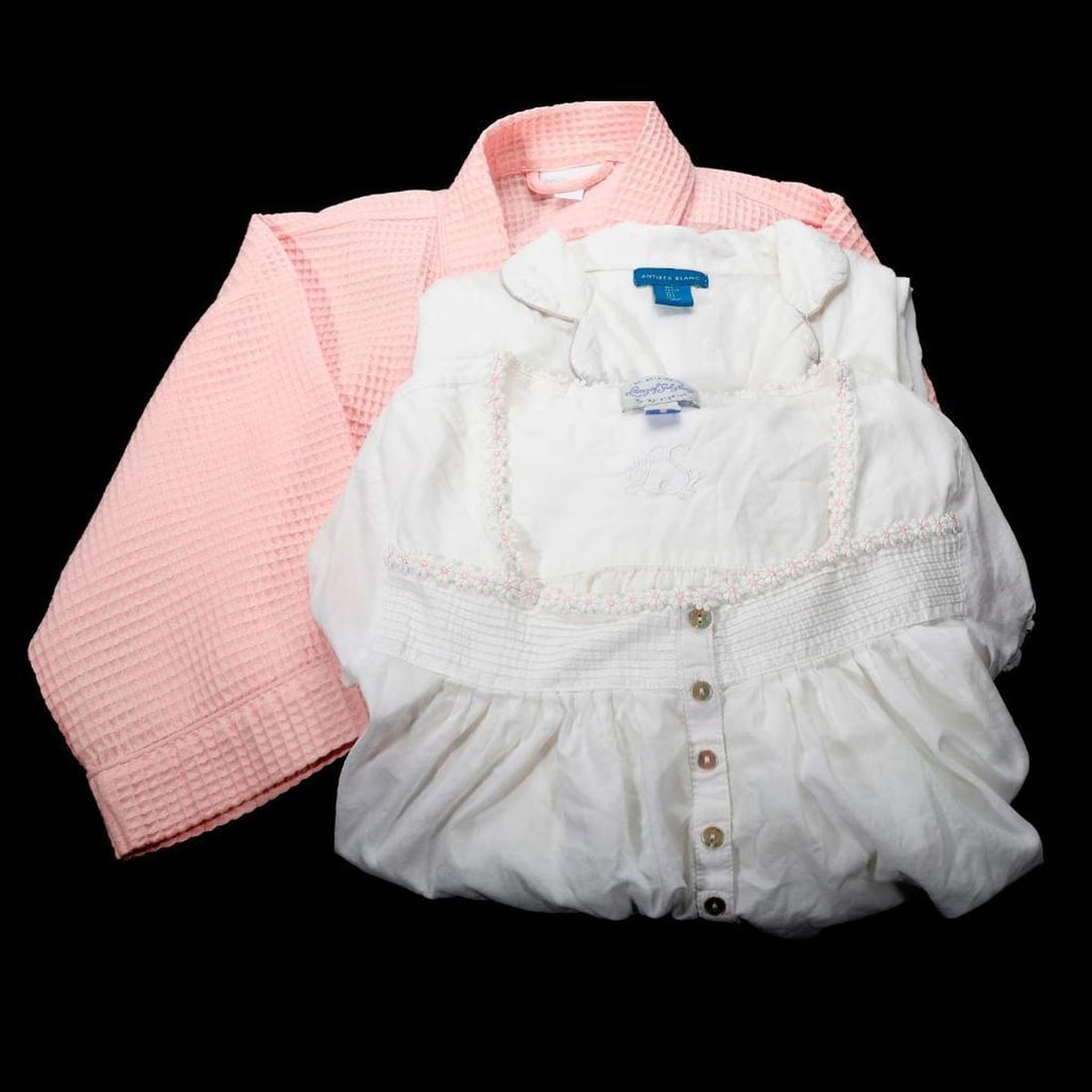 Group of Cotton Sleepwear and Basics (Sz M/L)): The group includes a cotton blend pink Spa robe Size Medium (appears unworn); Antibes Blanc 100% cotton nightshirt Size Large; a Lanz of Salzburg 100% cotton nightgown Size Medium; and assorted long s