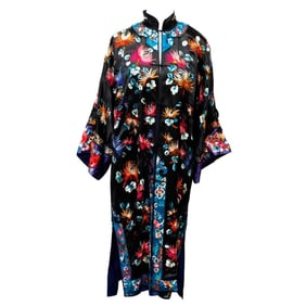 Chinese Black Silk Floral Embroidered Robe
