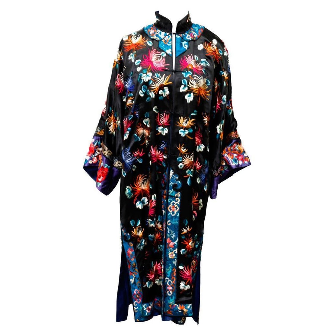 Chinese Black Silk Floral Embroidered Robe (1 of 4)