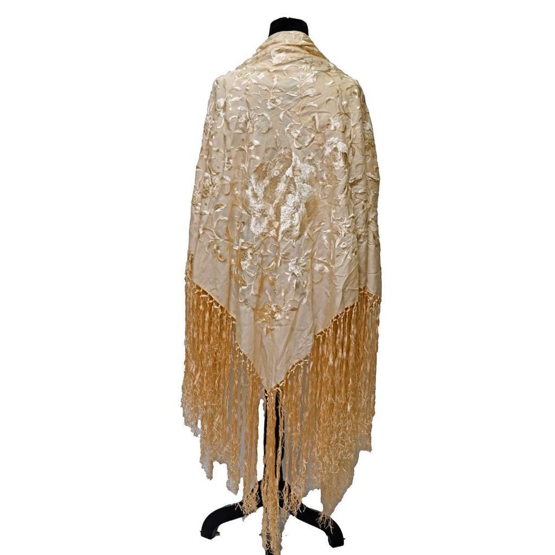 Vintage Embroidered Flamenco Shawl, Monochrome Cream: The fringed shawl with monochrome floral design of cream embroidery on cream silk. Approx. 50" square (plus 15" fringe). Condition: shows little wear, but there are areas of scattered spotting/stainin