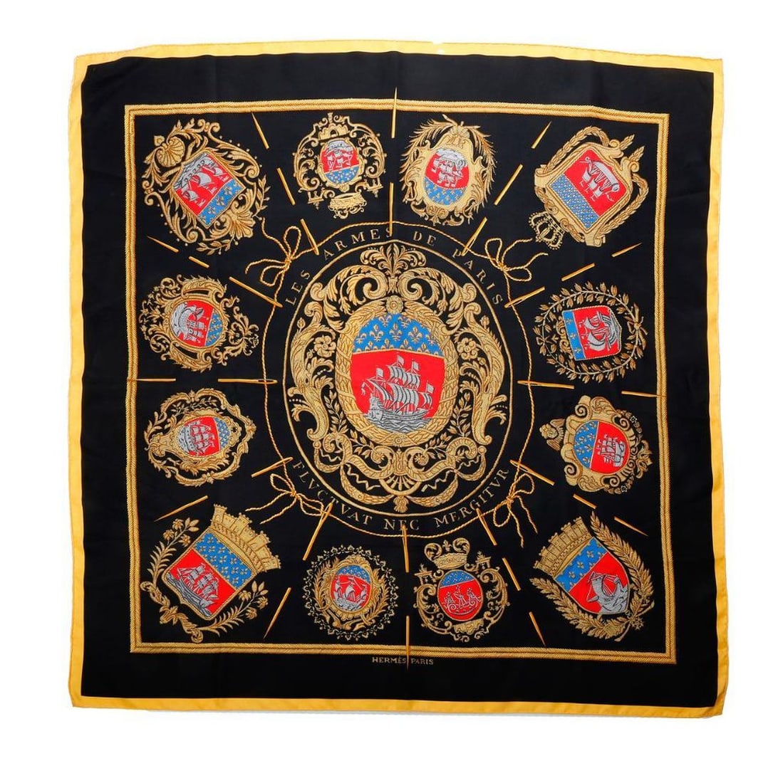 Hermes Silk Scarf, Les Armes de Paris: Hermes Paris silk scarf, "Les Armes de Paris," yellow on black ground, yellow border, by Hugo Grygkar. Edges hand-rolled to front. Approx. 35" square. Excellent vintage condition.