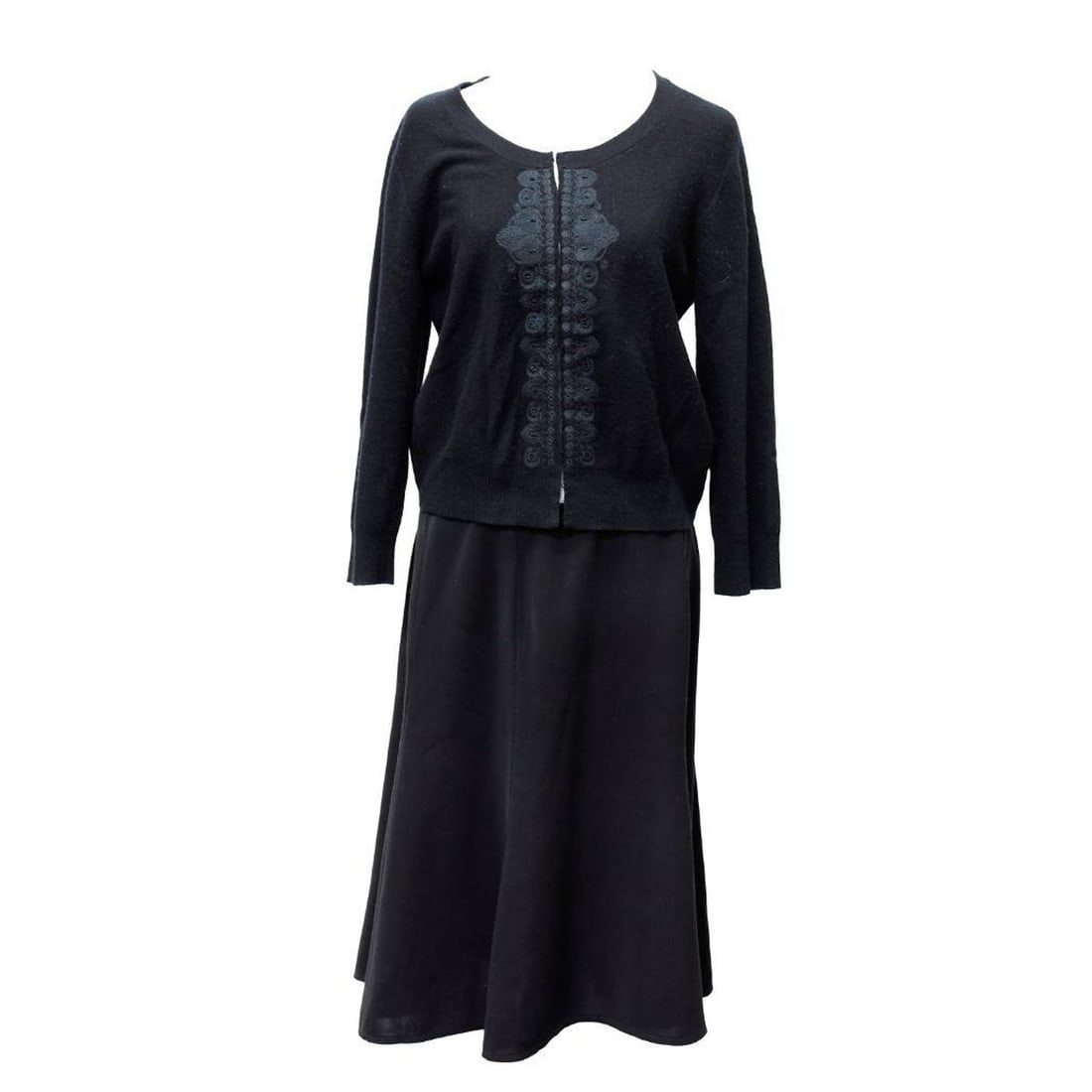 DKNY Black Dress and Separates (Sz L): Circa 1990s. A group of four DKNY labeled items: a 100% cotton black midi tank dress with drop-waist pleated skirt (no tag, approx. Size Large; chest/waist flat measurements 19"); a black wool blend r