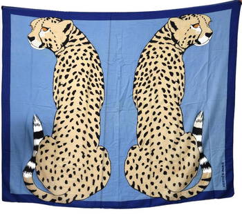Hermes Cotton Leopard Pareo/Beach Wrap: Hermes Paris cotton pareo/beach wrap with two leopards on a sky-blue ground. Approx. 65" x 55". Excellent vintage condition.