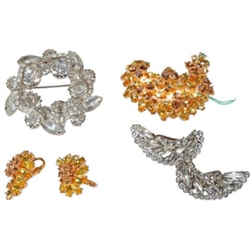 Two rhinestone costume brooch and clip earring sets
