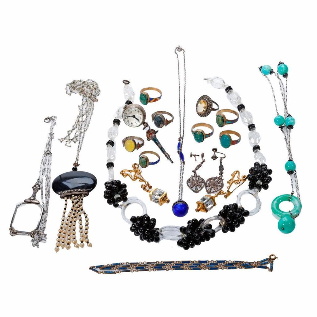 A group of antique silver, metal and costume jewelry: including a Bucherer ball form pendant watch, a pair of lorgnettes, three necklaces, four brooches, eight rings, a pair of earrings, set with citrine, marcasite, glass, agate, faience, enamel and gree