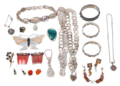 A group of silver and stone jewelry and accessories