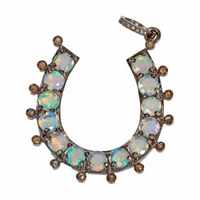 An opal, diamond and blackened silver pendant