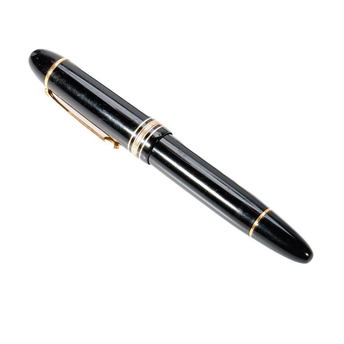 Montblanc Meisterstuck No. 149 Oversized Fountain Pen: Gold-plated clip and band engraved Montblanc Meisterstuck No. 149, between two thin gold-plated rings; white star at top of cap; Montblanc nib. Light scuffing.