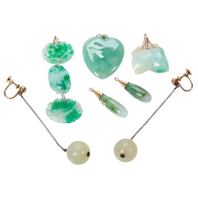 A group of jade and 10k gold jewelry