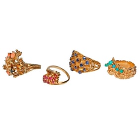 Four stone-set and 14k gold rings
