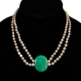 A cultured pearl, jade, and silver necklace