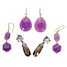 Three pairs gem-set and silver pendant earrings