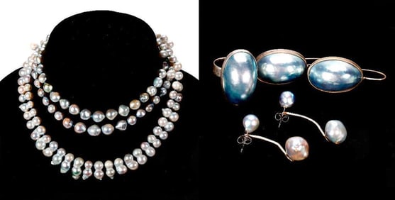 A group of cultured pearl, silver and 14k gold jewelry